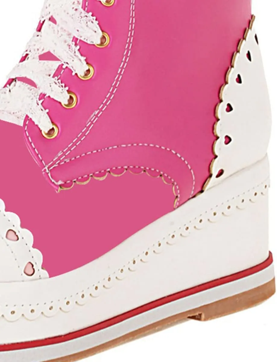 SHEMEE Women's Sweet Cute Platform Hidden Wedge Ankle Boots Lace Up High Heels Round Toe Booties Side Zip Kawaii Shoes