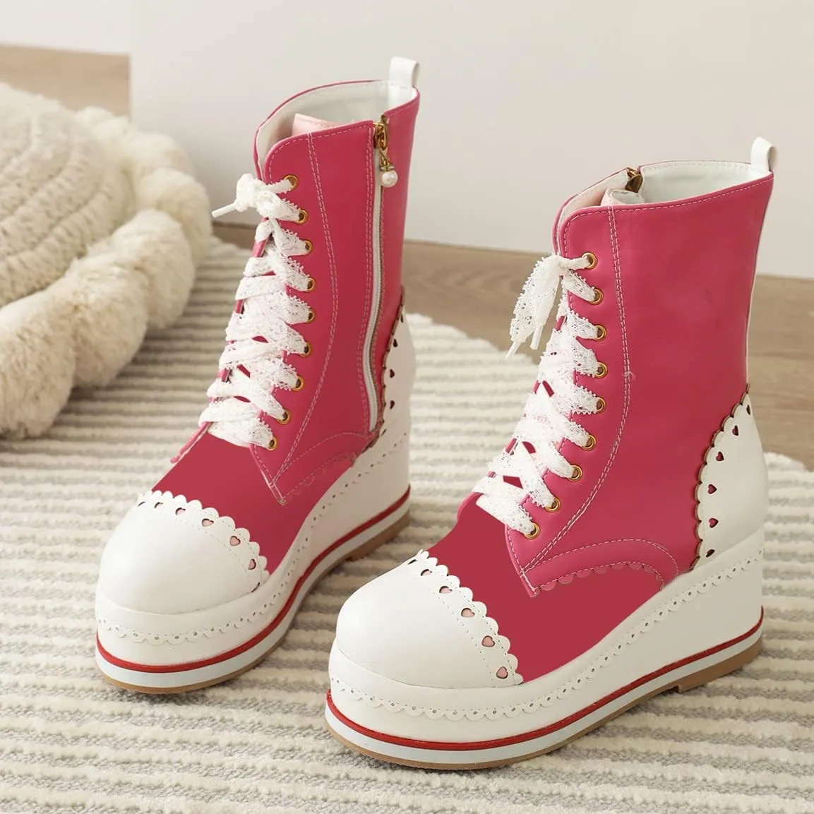 SHEMEE Women's Sweet Cute Platform Hidden Wedge Ankle Boots Lace Up High Heels Round Toe Booties Side Zip Kawaii Shoes