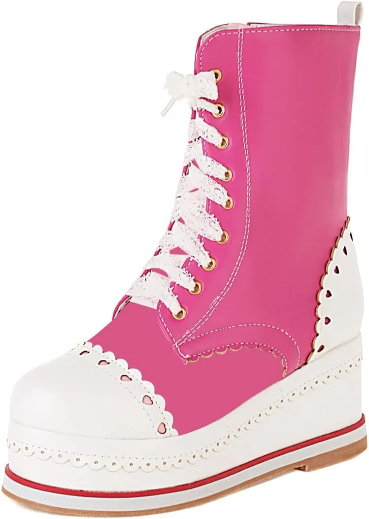 SHEMEE Women's Sweet Cute Platform Hidden Wedge Ankle Boots Lace Up High Heels Round Toe Booties Side Zip Kawaii Shoes