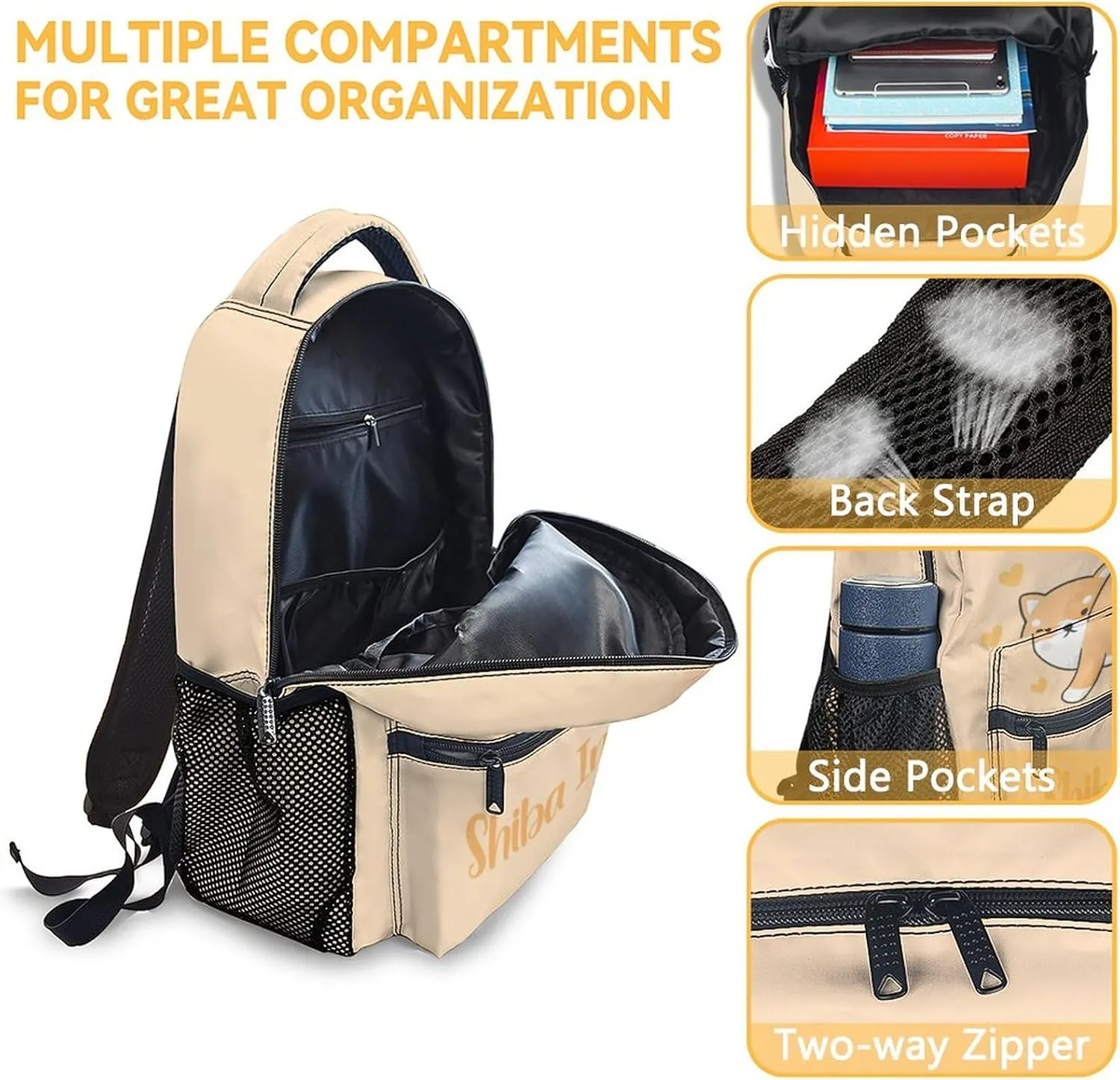 Shiba Inu Backpack for Girls Boys, 16 Inch Orange Dog Backpacks for School, Cute, Adjustable Straps, Durable, Lightweight, Large Capacity Bookbag for Kids