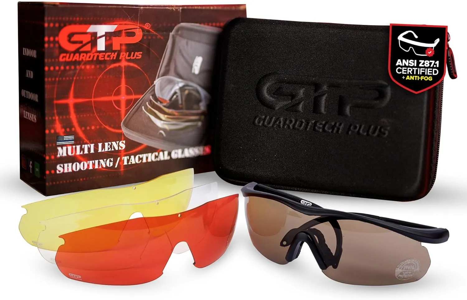 Shooting Glasses for Men and Women - ANSI Z87.1 Interchangeable Eye Protection - Shooting Safety Gear - 100% UV, Anti-Fog, Anti-Scratch Swappable Lenses Firing Range Glasses