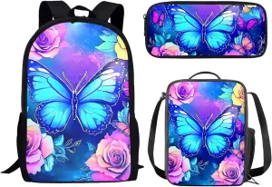 Showudesigns Butterfly Flower Backpack for School Girls 3 In 1 Middle School Bookbags with Lunch Box and Pencil Case Elementary High School Bag Back Pack Purse for Kids Boys Child Daycare Bag Satchel