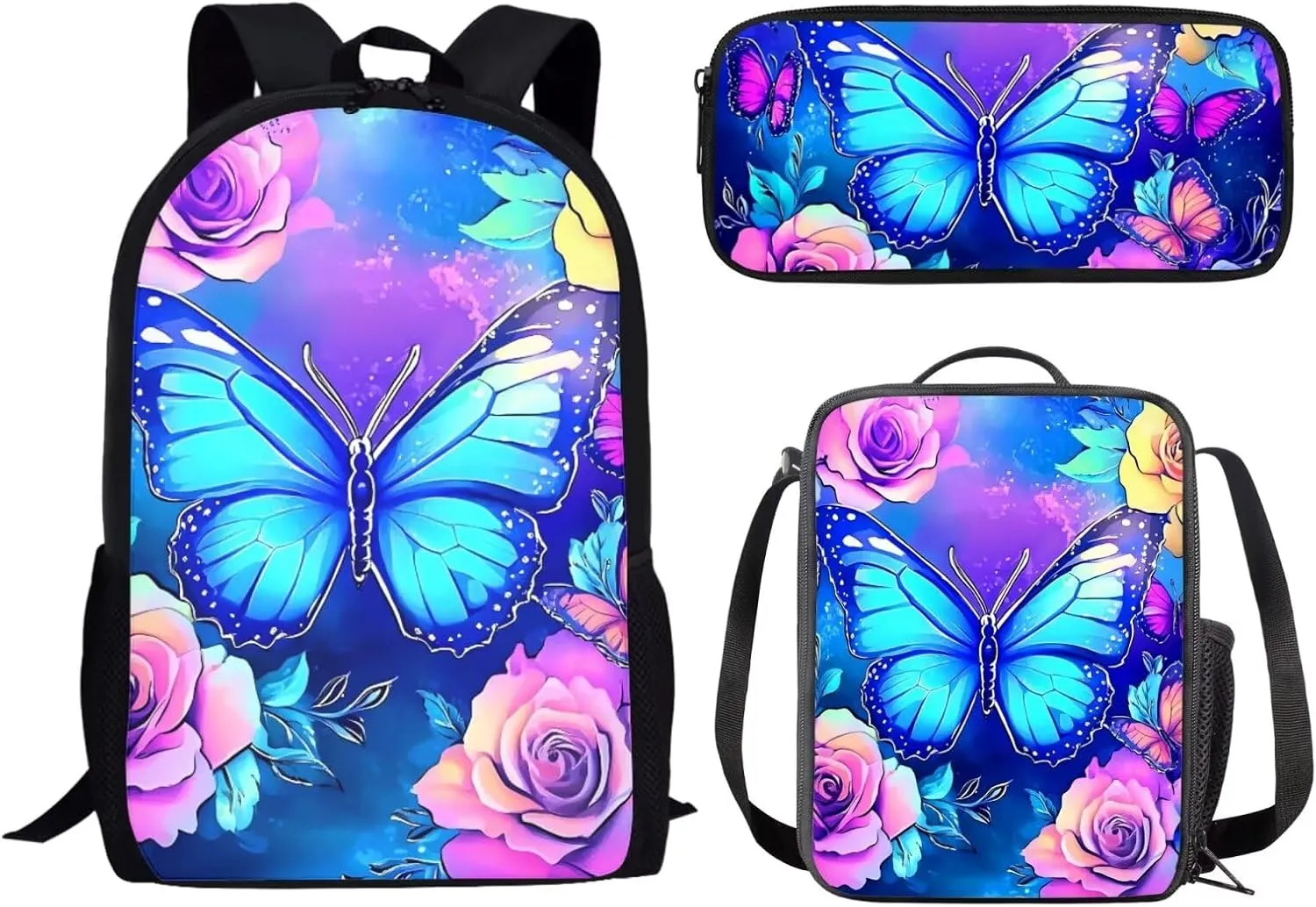 Showudesigns Butterfly Flower Backpack for School Girls 3 In 1 Middle School Bookbags with Lunch Box and Pencil Case Elementary High School Bag Back Pack Purse for Kids Boys Child Daycare Bag Satchel