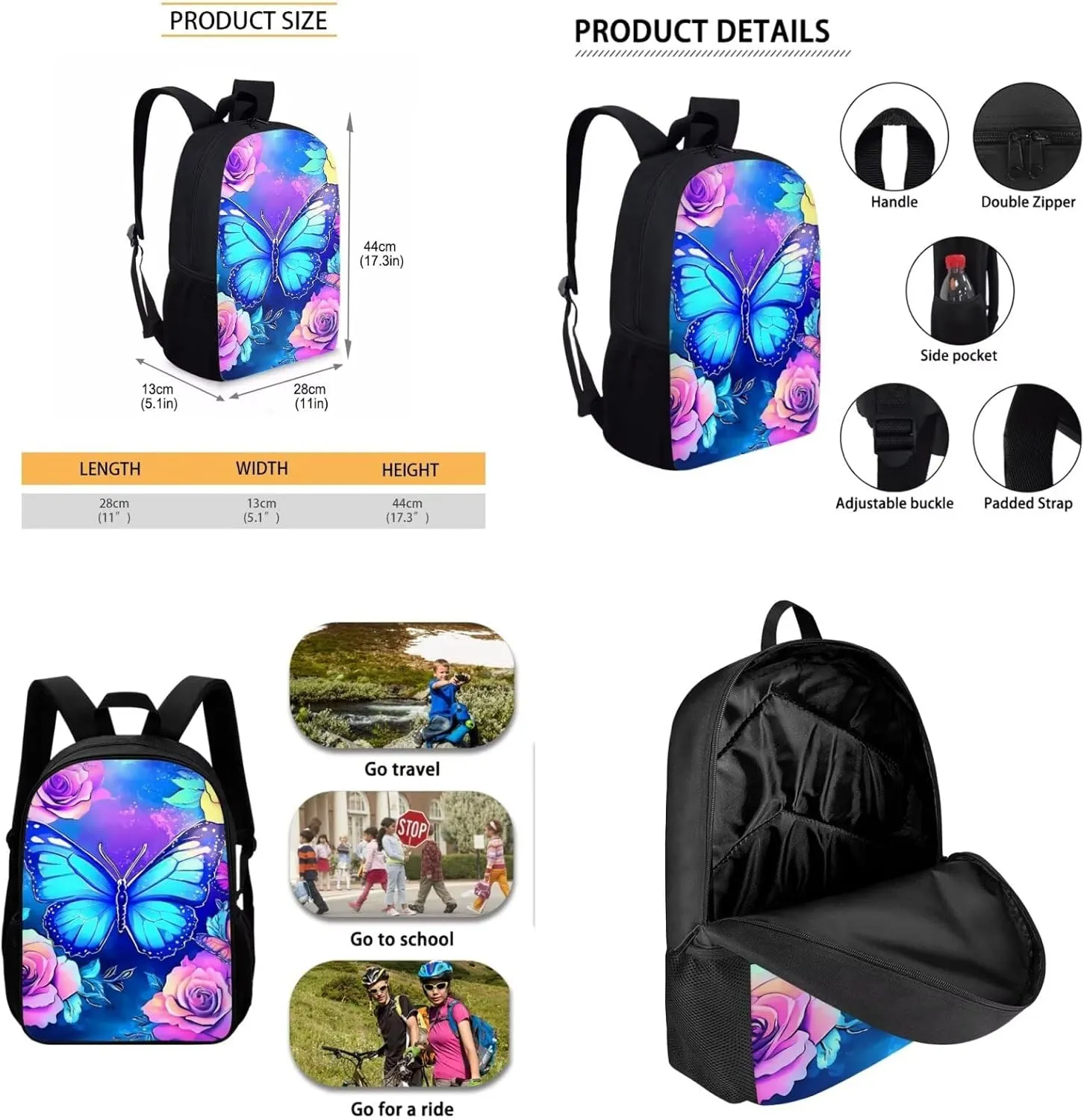 Showudesigns Butterfly Flower Backpack for School Girls 3 In 1 Middle School Bookbags with Lunch Box and Pencil Case Elementary High School Bag Back Pack Purse for Kids Boys Child Daycare Bag Satchel