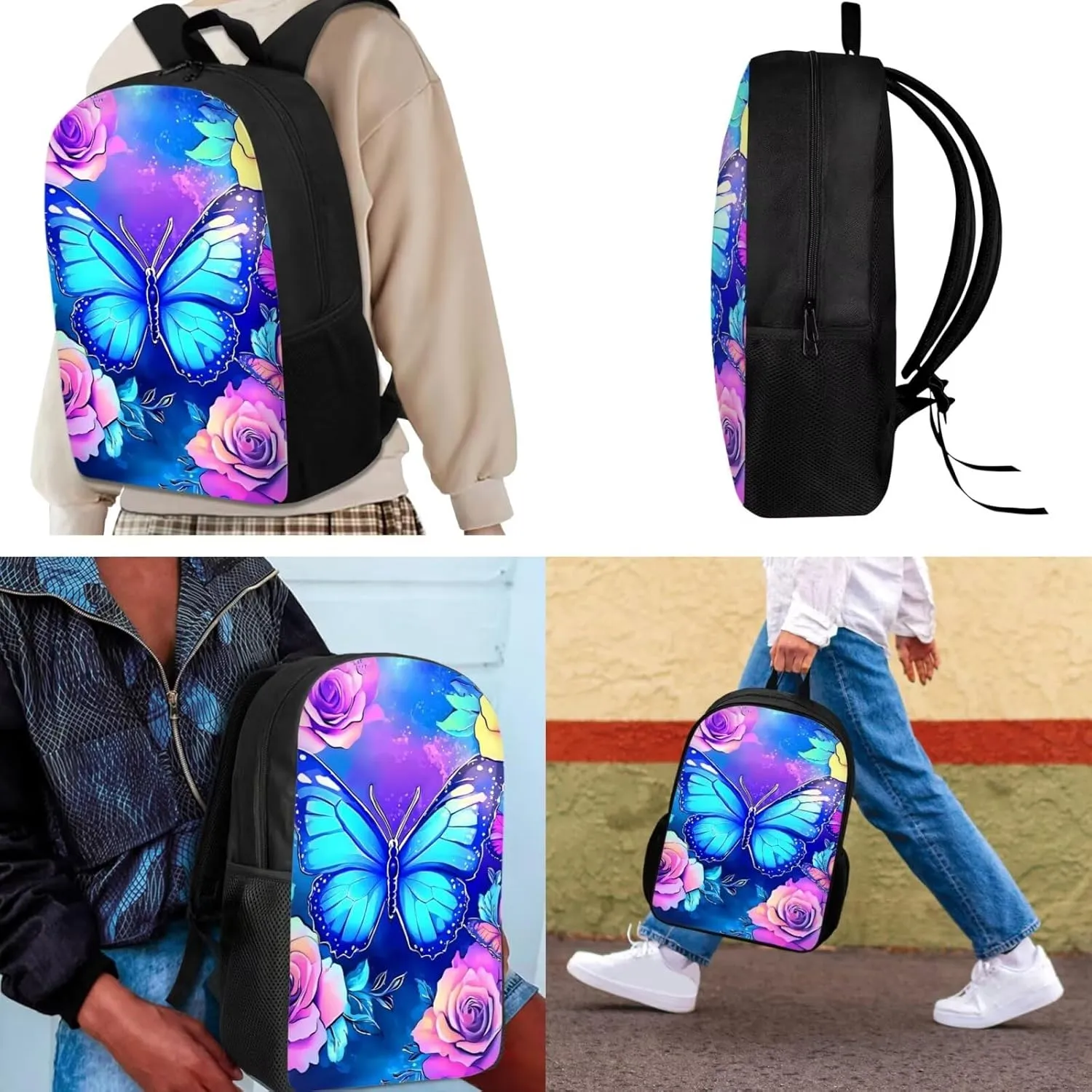 Showudesigns Butterfly Flower Backpack for School Girls 3 In 1 Middle School Bookbags with Lunch Box and Pencil Case Elementary High School Bag Back Pack Purse for Kids Boys Child Daycare Bag Satchel