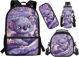 Showudesigns Cute Koala School Backpack and Lunch Box Set for Girls 6-8 8-10 Elementary Schoolbag Cherry Blossom Bookbag Lunch Bag Pencil Case Water Bottle Sleeve 4 In 1 Kids School Bag Satchel