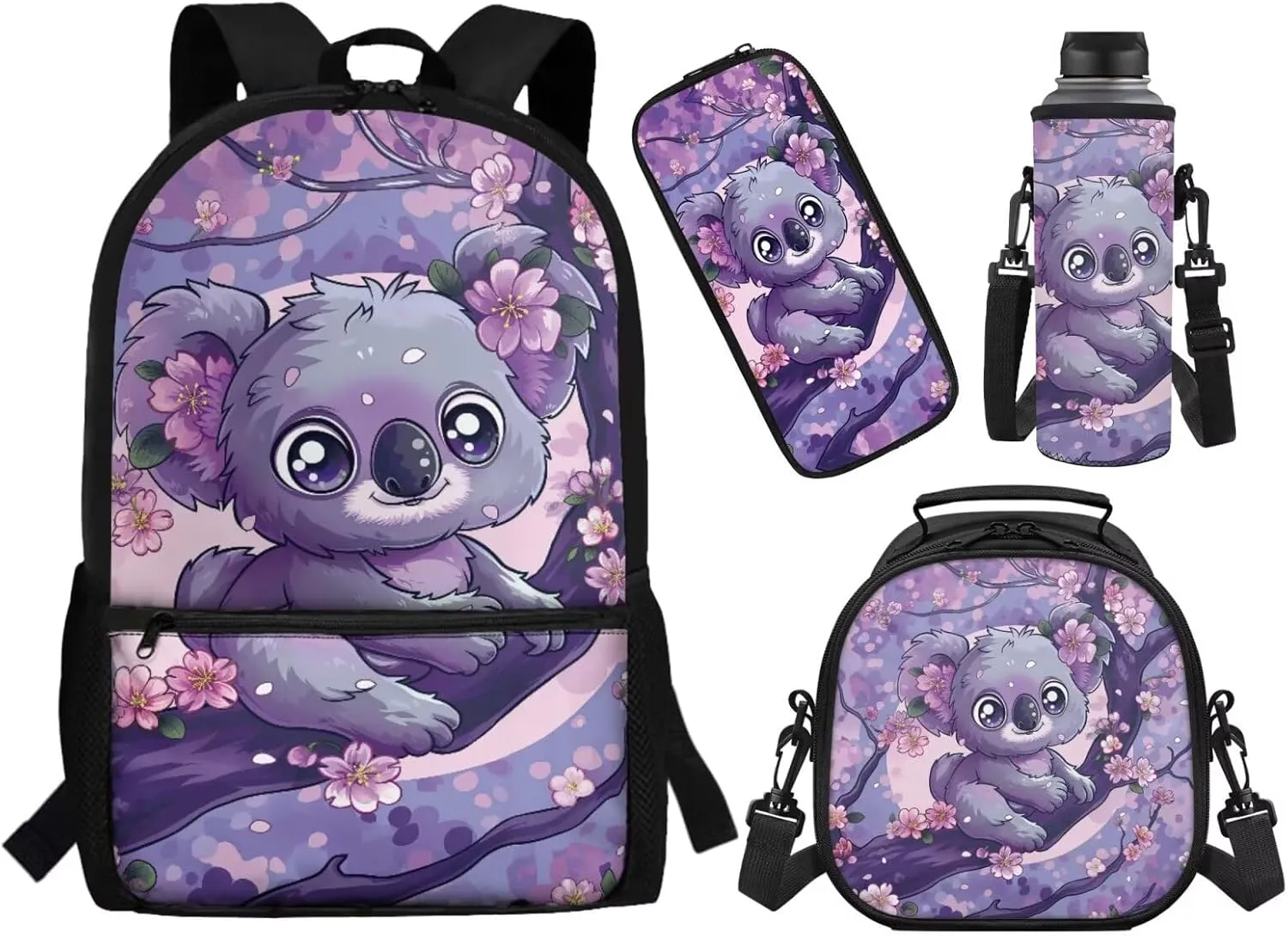 Showudesigns Cute Koala School Backpack and Lunch Box Set for Girls 6-8 8-10 Elementary Schoolbag Cherry Blossom Bookbag Lunch Bag Pencil Case Water Bottle Sleeve 4 In 1 Kids School Bag Satchel