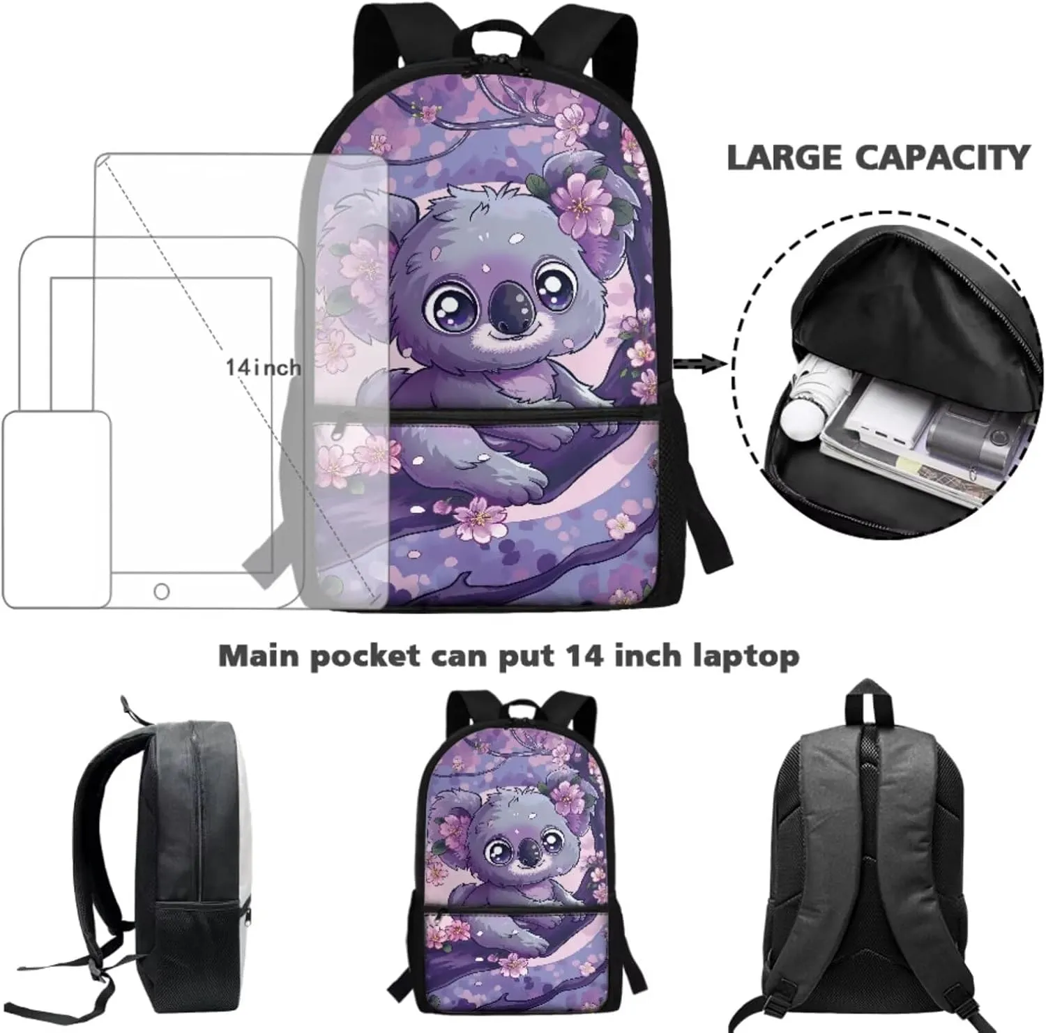Showudesigns Cute Koala School Backpack and Lunch Box Set for Girls 6-8 8-10 Elementary Schoolbag Cherry Blossom Bookbag Lunch Bag Pencil Case Water Bottle Sleeve 4 In 1 Kids School Bag Satchel