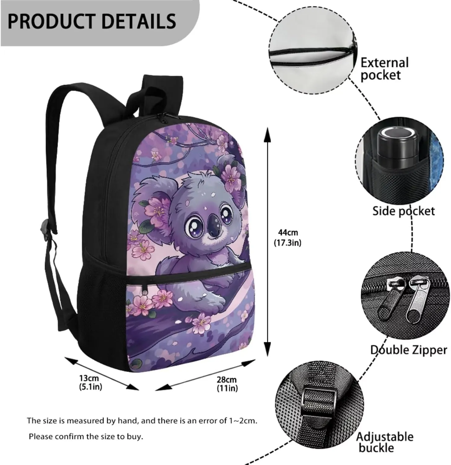 Showudesigns Cute Koala School Backpack and Lunch Box Set for Girls 6-8 8-10 Elementary Schoolbag Cherry Blossom Bookbag Lunch Bag Pencil Case Water Bottle Sleeve 4 In 1 Kids School Bag Satchel