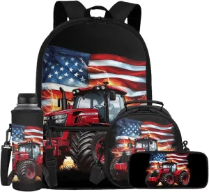 Showudesigns Tractor School Backpack for Boys 4-6 8-12 Elementary School Bag and Lunch Bag American Flag Bookbag with Lunch Box Pencil Case Water Bottle Holder 4Pcs/Set Preschool Back Pack Satchel