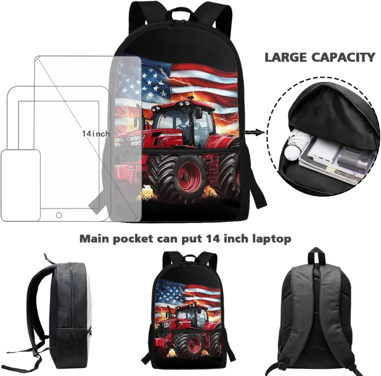 Showudesigns Tractor School Backpack for Boys 4-6 8-12 Elementary School Bag and Lunch Bag American Flag Bookbag with Lunch Box Pencil Case Water Bottle Holder 4Pcs/Set Preschool Back Pack Satchel