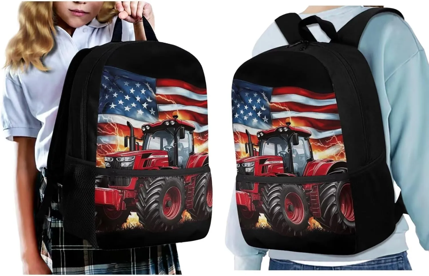 Showudesigns Tractor School Backpack for Boys 4-6 8-12 Elementary School Bag and Lunch Bag American Flag Bookbag with Lunch Box Pencil Case Water Bottle Holder 4Pcs/Set Preschool Back Pack Satchel