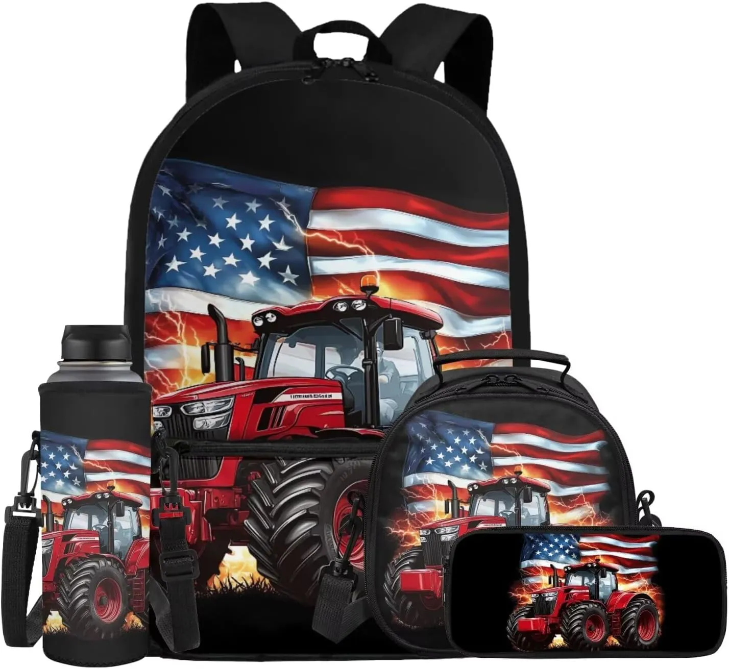 Showudesigns Tractor School Backpack for Boys 4-6 8-12 Elementary School Bag and Lunch Bag American Flag Bookbag with Lunch Box Pencil Case Water Bottle Holder 4Pcs/Set Preschool Back Pack Satchel