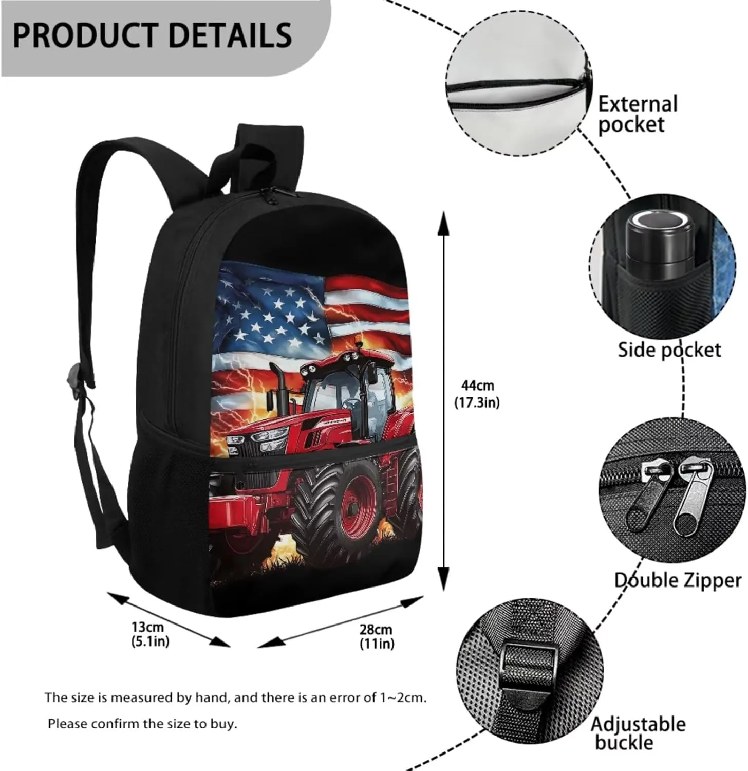 Showudesigns Tractor School Backpack for Boys 4-6 8-12 Elementary School Bag and Lunch Bag American Flag Bookbag with Lunch Box Pencil Case Water Bottle Holder 4Pcs/Set Preschool Back Pack Satchel