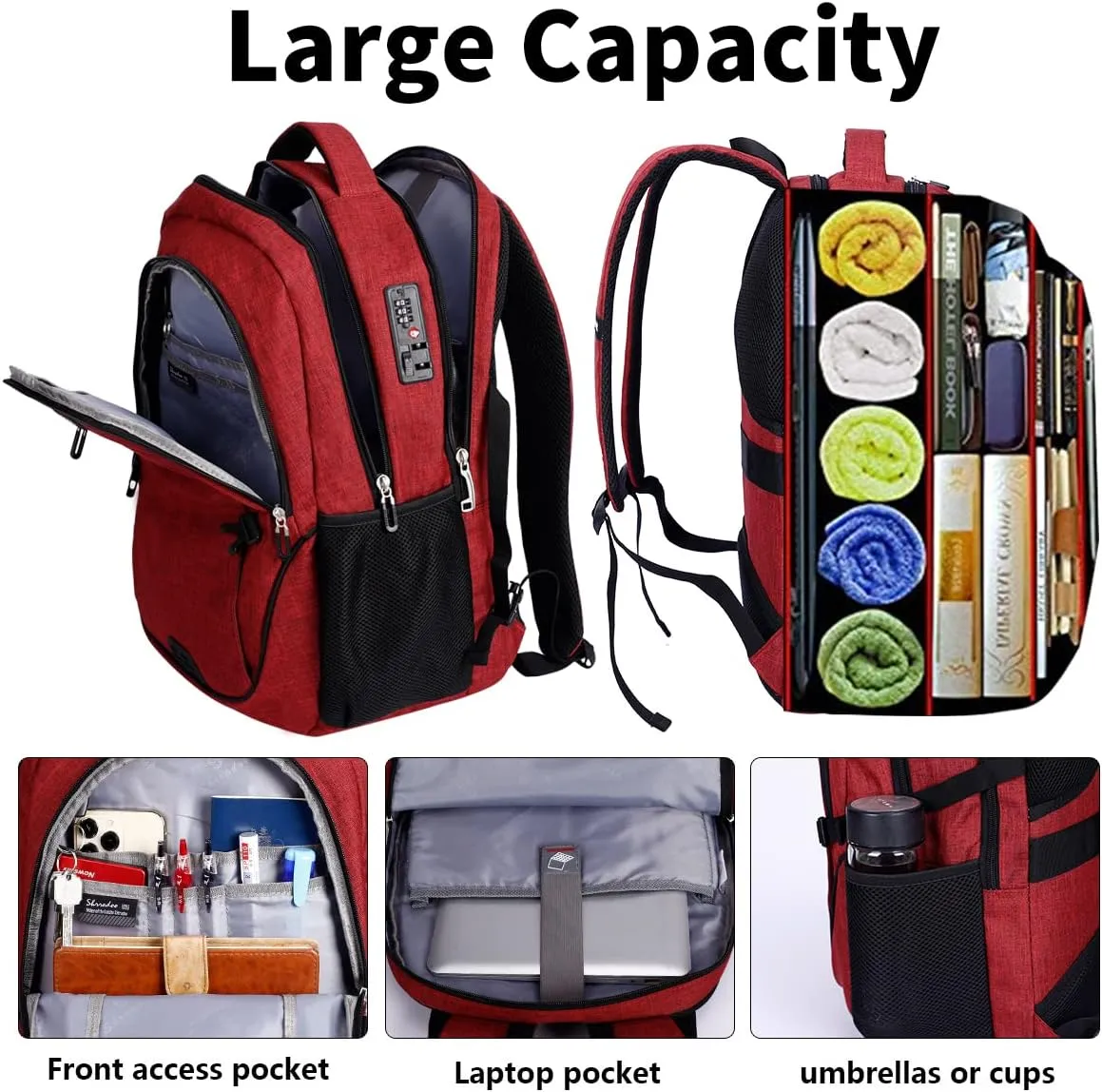 SHRRADOO Anti Theft Laptop Backpack Travel Backpacks with usb Charging Port for Women Men College Backpack Computer Bag Fits 17 Inch Laptop,Red