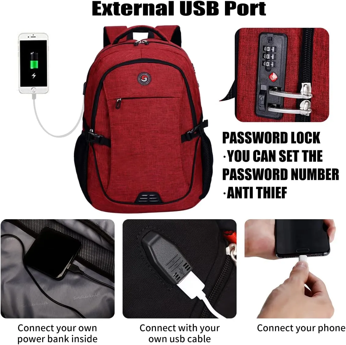 SHRRADOO Anti Theft Laptop Backpack Travel Backpacks with usb Charging Port for Women Men College Backpack Computer Bag Fits 17 Inch Laptop,Red