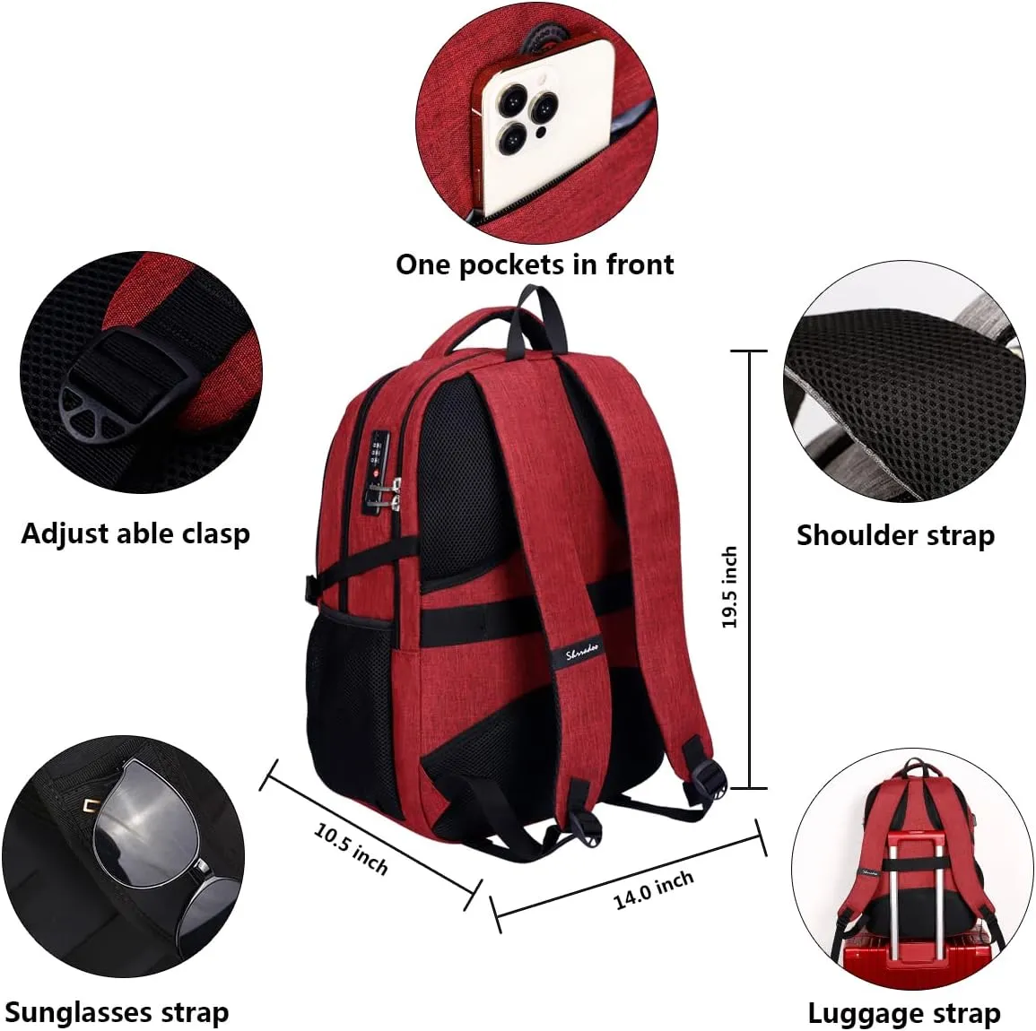 SHRRADOO Anti Theft Laptop Backpack Travel Backpacks with usb Charging Port for Women Men College Backpack Computer Bag Fits 17 Inch Laptop,Red