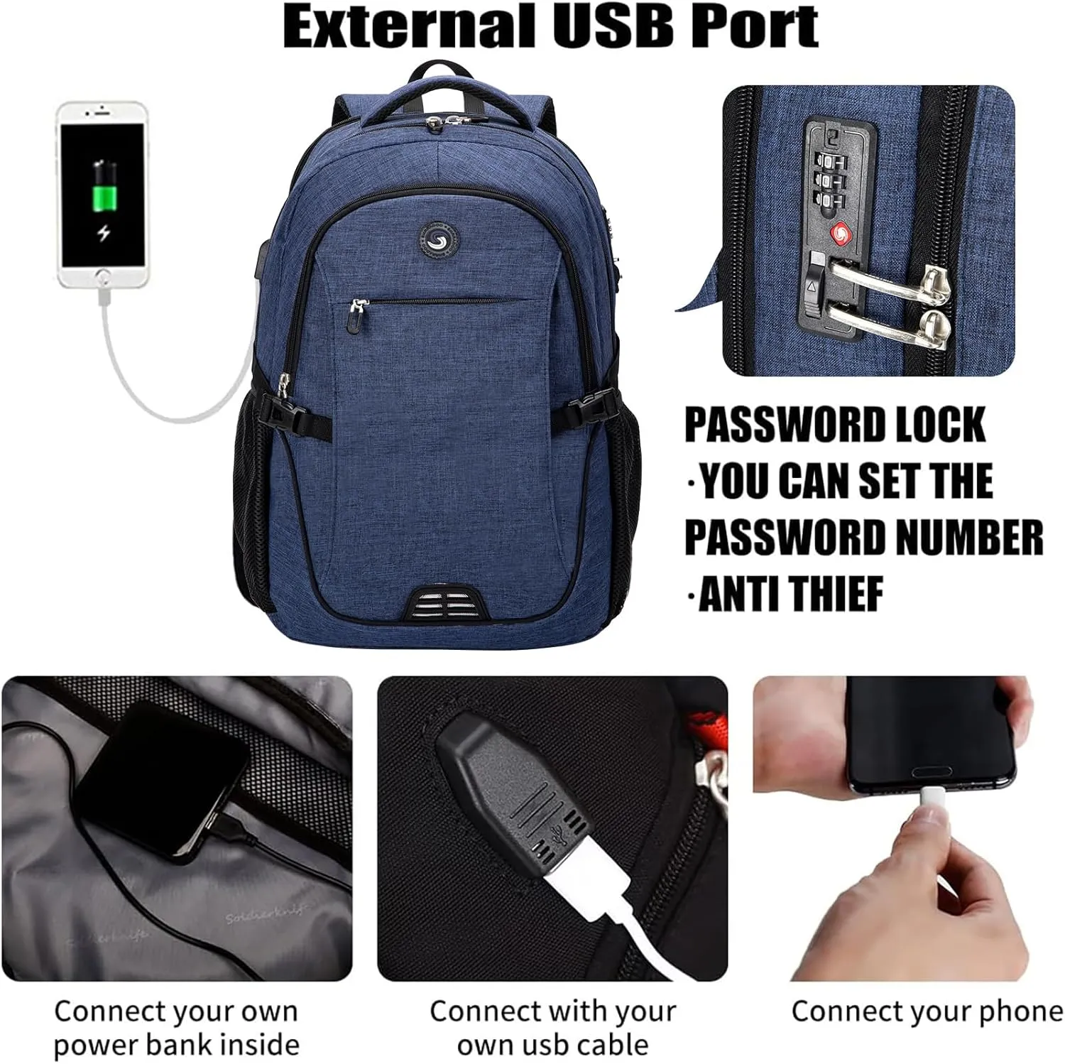 SHRRADOO Anti Theft Laptop Backpack Travel Backpacks with usb Charging Port for Women Men College Backpack Computer Bag Fits 17 Inch Laptop,Royal Blue