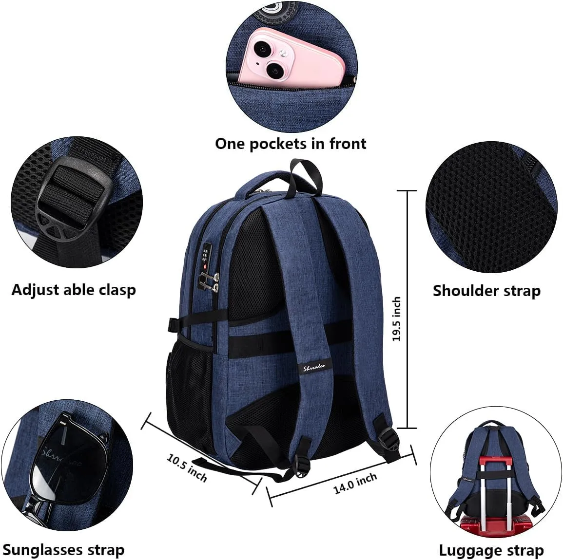 SHRRADOO Anti Theft Laptop Backpack Travel Backpacks with usb Charging Port for Women Men College Backpack Computer Bag Fits 17 Inch Laptop,Royal Blue