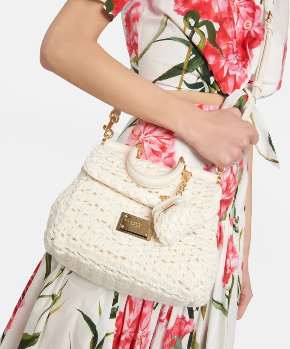 Sicily Leather-Trimmed Crochet Tote Bag in White