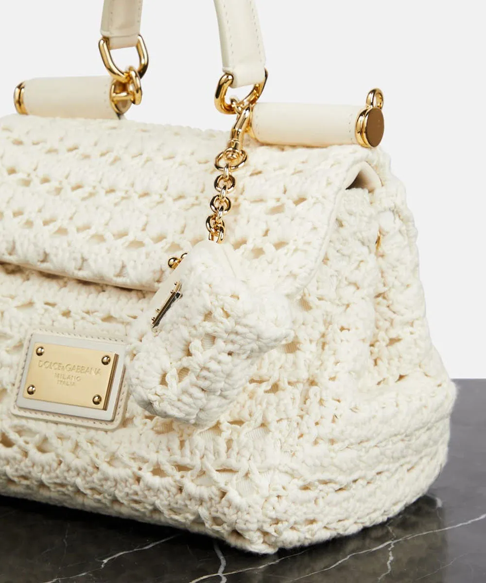 Sicily Leather-Trimmed Crochet Tote Bag in White