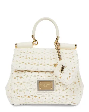 Sicily Leather-Trimmed Crochet Tote Bag in White