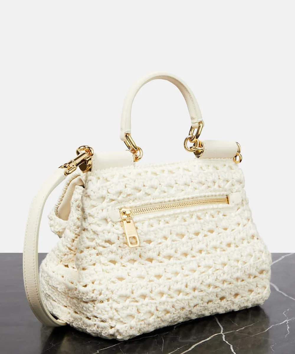 Sicily Leather-Trimmed Crochet Tote Bag in White