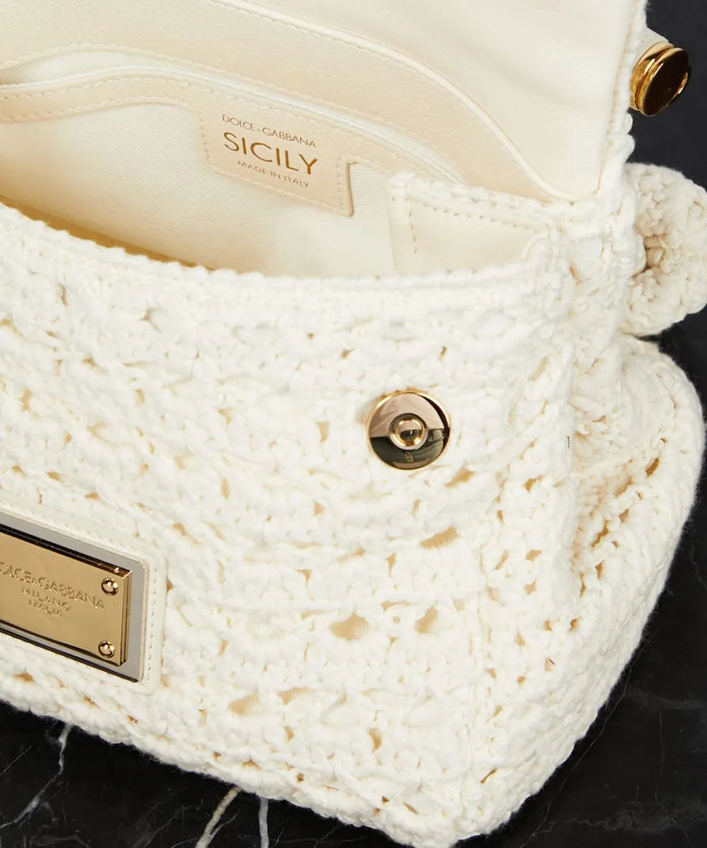 Sicily Leather-Trimmed Crochet Tote Bag in White