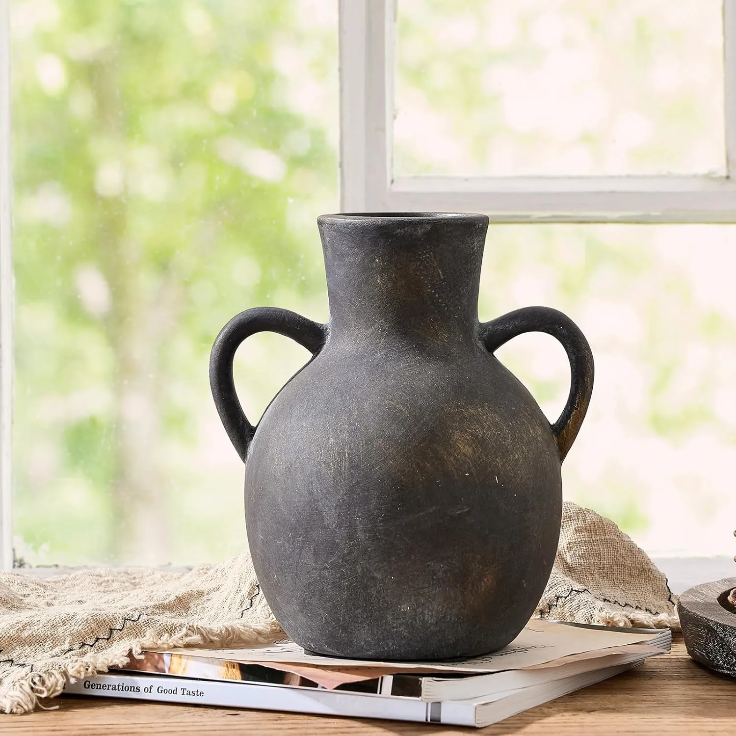 SIDUCAL Rustic Ceramic Farmhouse Flower Vase with 2 Handles, Terracotta Vase, Decorative Pottery Flower for Home Decor, Table, Wedding, Living Room, Shelf Decor, 7.3 Inch, Black Bronze