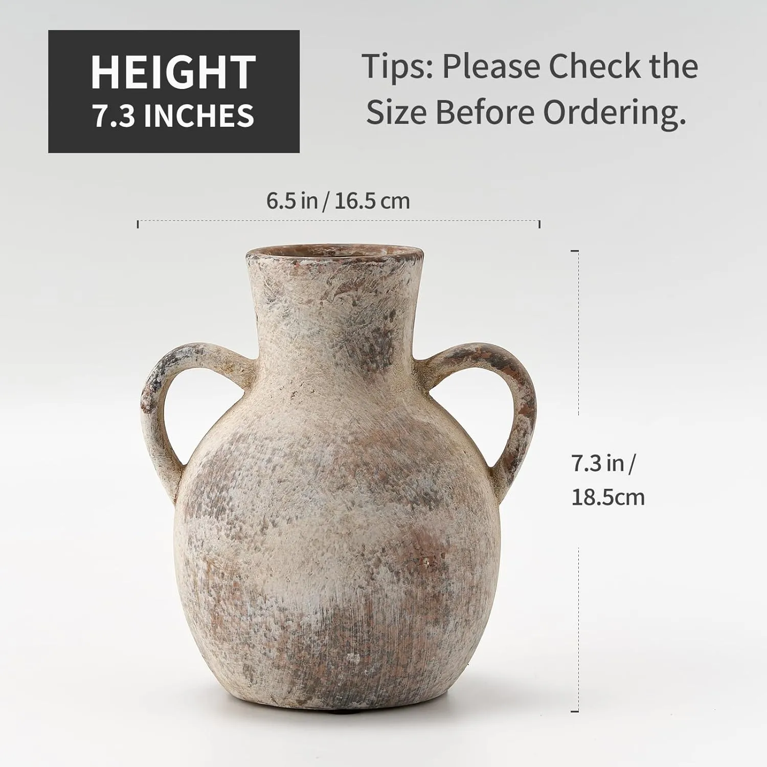 SIDUCAL Rustic Ceramic Farmhouse Flower Vase with 2 Handles, Whitewashed Terra Cotta Vase, Decorative Pottery Flower for Home Decor, Table, Living Room, Shelf Decor, 7.3 Inch, Terra