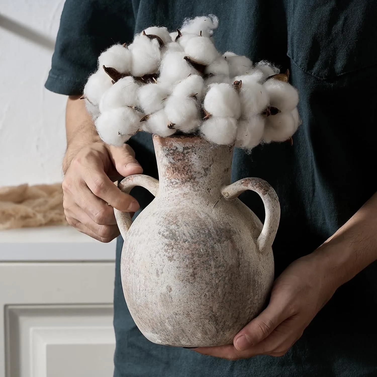 SIDUCAL Rustic Ceramic Farmhouse Flower Vase with 2 Handles, Whitewashed Terra Cotta Vase, Decorative Pottery Flower for Home Decor, Table, Living Room, Shelf Decor, 7.3 Inch, Terra