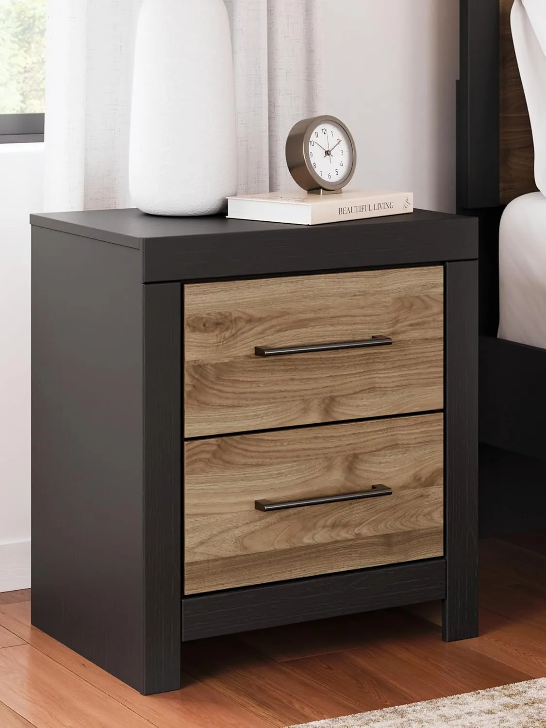 Signature Design by Ashley Vertani Casual 2-Drawer Nightstand with 2 USB Ports, 24.41" Tall, Black & Light Brown