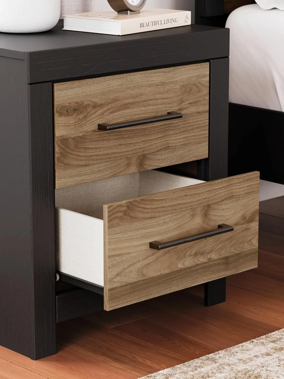 Signature Design by Ashley Vertani Casual 2-Drawer Nightstand with 2 USB Ports, 24.41" Tall, Black & Light Brown