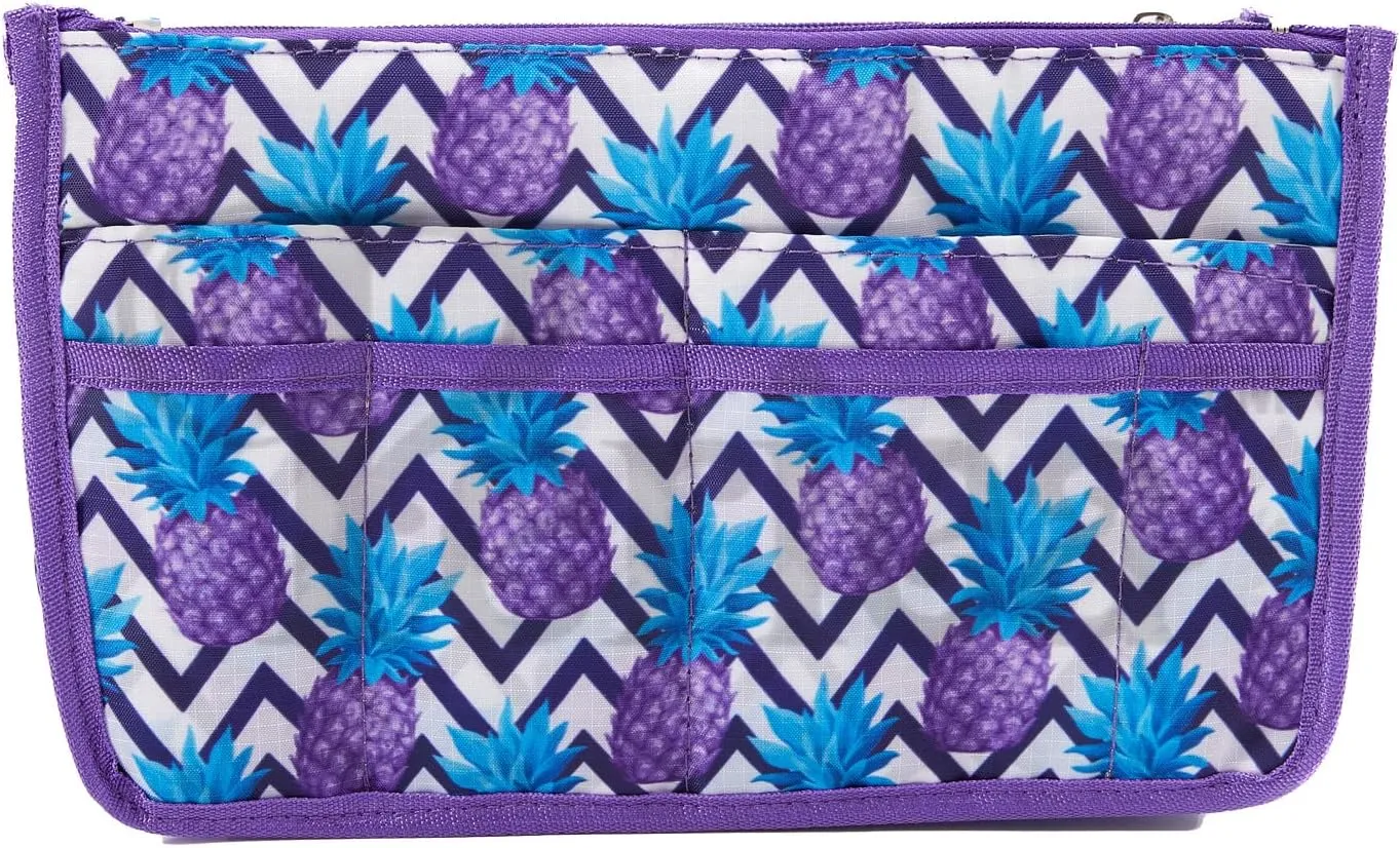 Signature Purse Organizer Insert with Handles & 13 Pockets - 3 Sizes (Purple Pineapple, Medium)