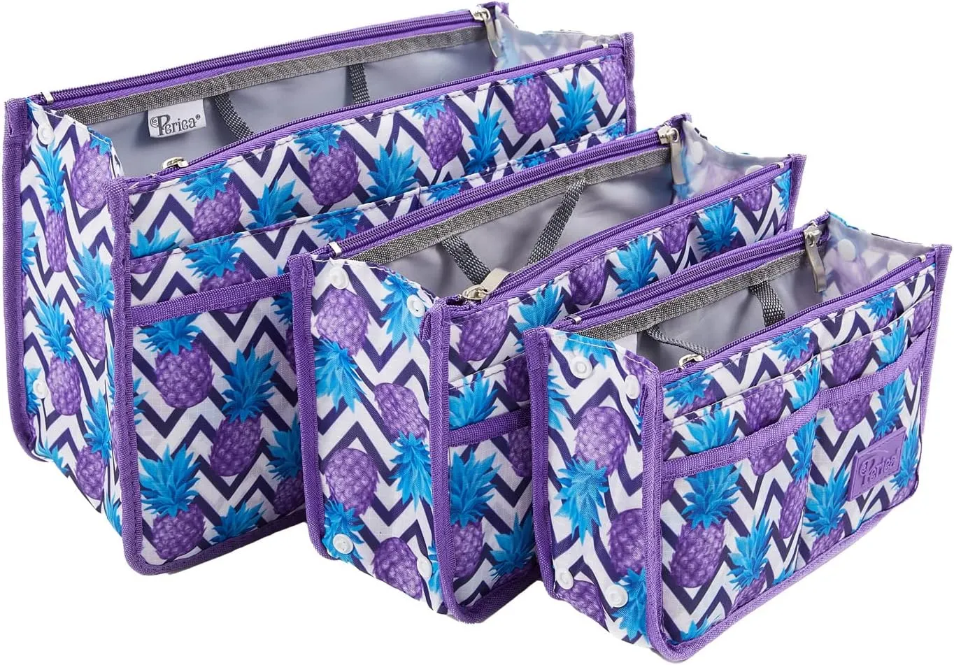 Signature Purse Organizer Insert with Handles & 13 Pockets - 3 Sizes (Purple Pineapple, Medium)