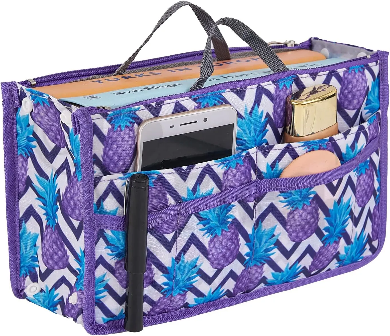 Signature Purse Organizer Insert with Handles & 13 Pockets - 3 Sizes (Purple Pineapple, Medium)