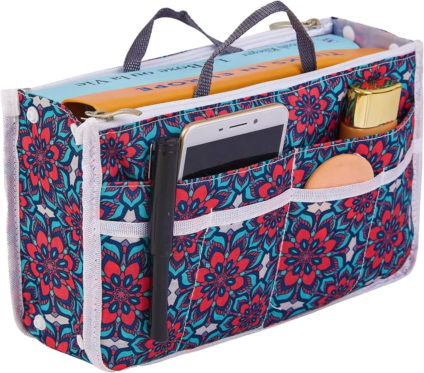 Signature Purse Organizer Insert with Handles & 13 Pockets - 3 Sizes (Retro Floral, Medium)