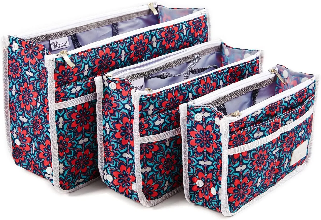 Signature Purse Organizer Insert with Handles & 13 Pockets - 3 Sizes (Retro Floral, Medium)