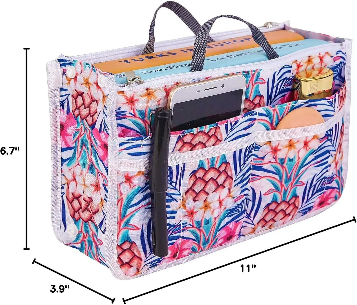 Signature Purse Organizer Insert with Handles & 13 Pockets - 3 Sizes (White Pineapple, Medium)