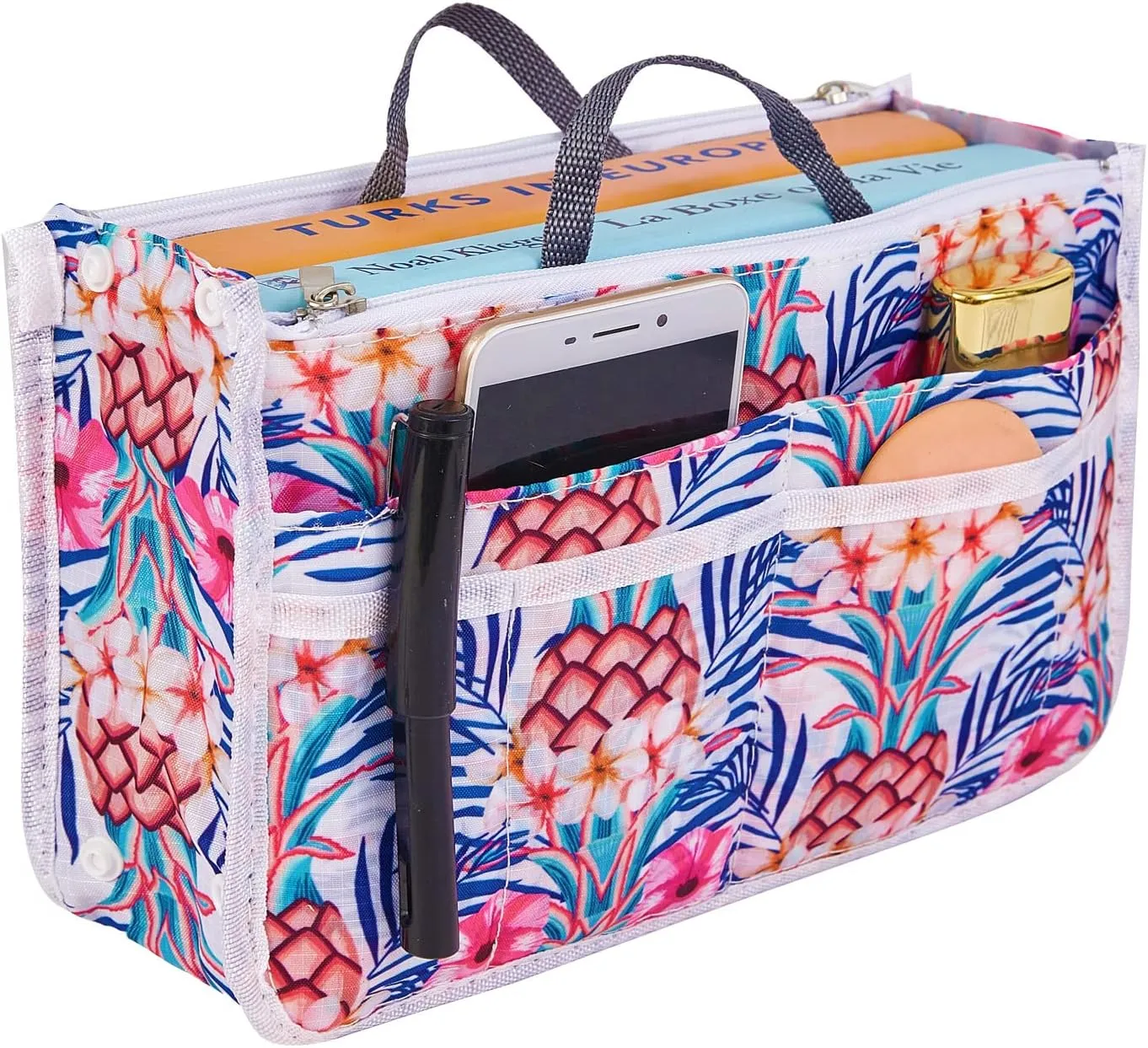Signature Purse Organizer Insert with Handles & 13 Pockets - 3 Sizes (White Pineapple, Medium)