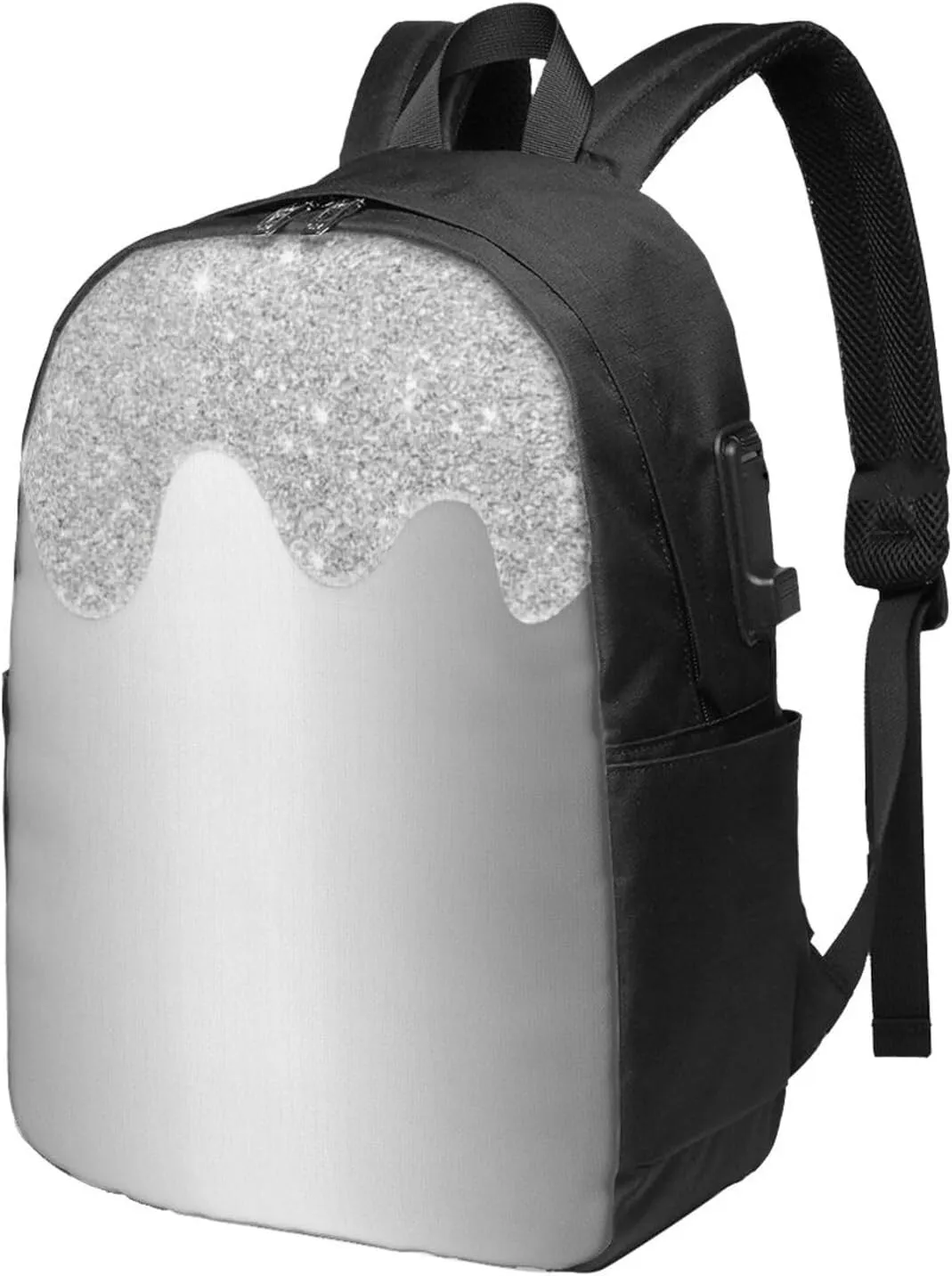 Silver Glitter Drips Metallic Gray Ergonomic Travel Laptop Backpack - Fashionable Usb Charging Men'S And Women'S Backpack, Work Gift, Leisure Day Bag