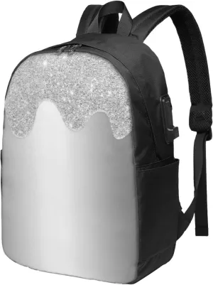 Silver Glitter Drips Metallic Gray Ergonomic Travel Laptop Backpack - Fashionable Usb Charging Men'S And Women'S Backpack, Work Gift, Leisure Day Bag