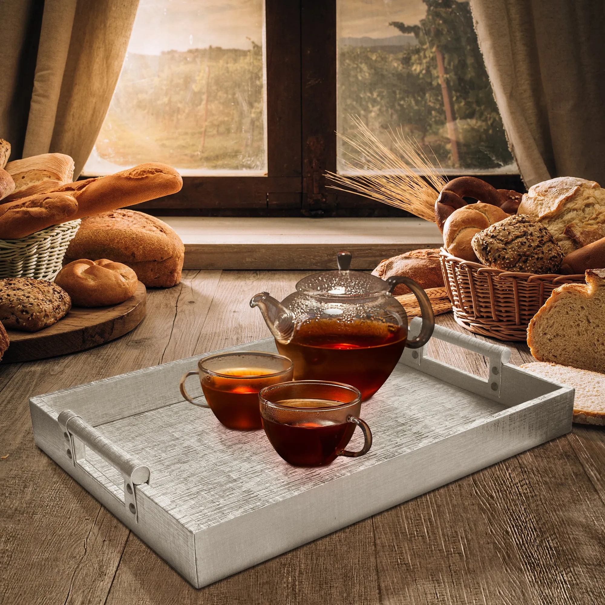 Silver Leather Tray with Handles - 14x19"