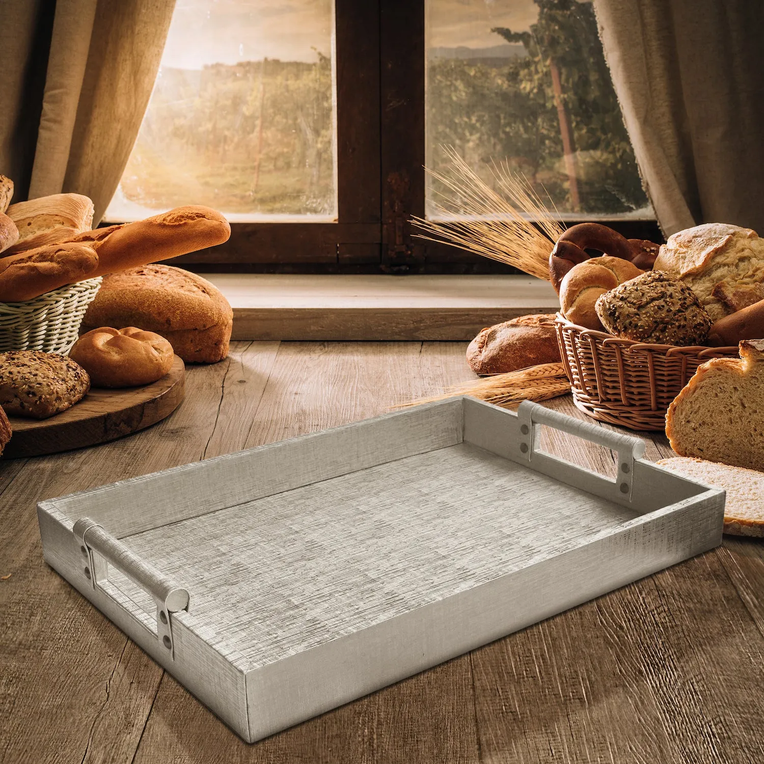 Silver Leather Tray with Handles - 14x19"