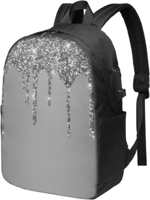 Silver Sparkle Glitter Drips Ergonomic Travel Laptop Backpack - Fashionable Usb Charging Men'S And Women'S Backpack, Work Gift, Leisure Day Bag