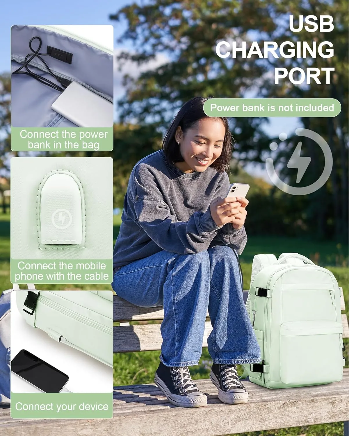 Simple Travel Backpack For Women Men,Carry on Backpack for Traveling on Airplane,Mochila de Viaje,Frontier Airlines Personal Item Travel Bag,Waterproof Luggage Backpack with USB Charging Port(Green)