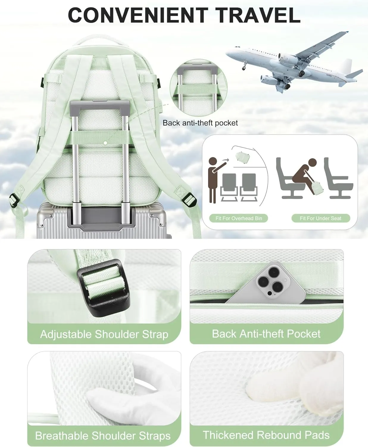 Simple Travel Backpack For Women Men,Carry on Backpack for Traveling on Airplane,Mochila de Viaje,Frontier Airlines Personal Item Travel Bag,Waterproof Luggage Backpack with USB Charging Port(Green)