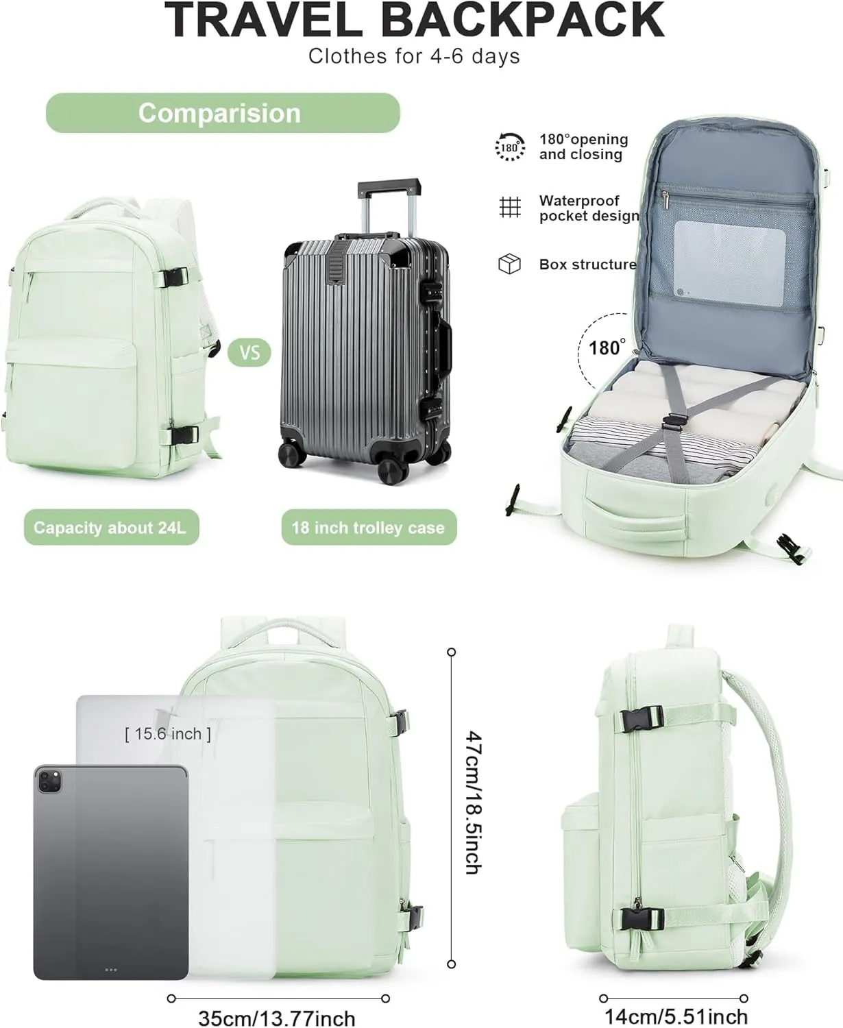 Simple Travel Backpack For Women Men,Carry on Backpack for Traveling on Airplane,Mochila de Viaje,Frontier Airlines Personal Item Travel Bag,Waterproof Luggage Backpack with USB Charging Port(Green)