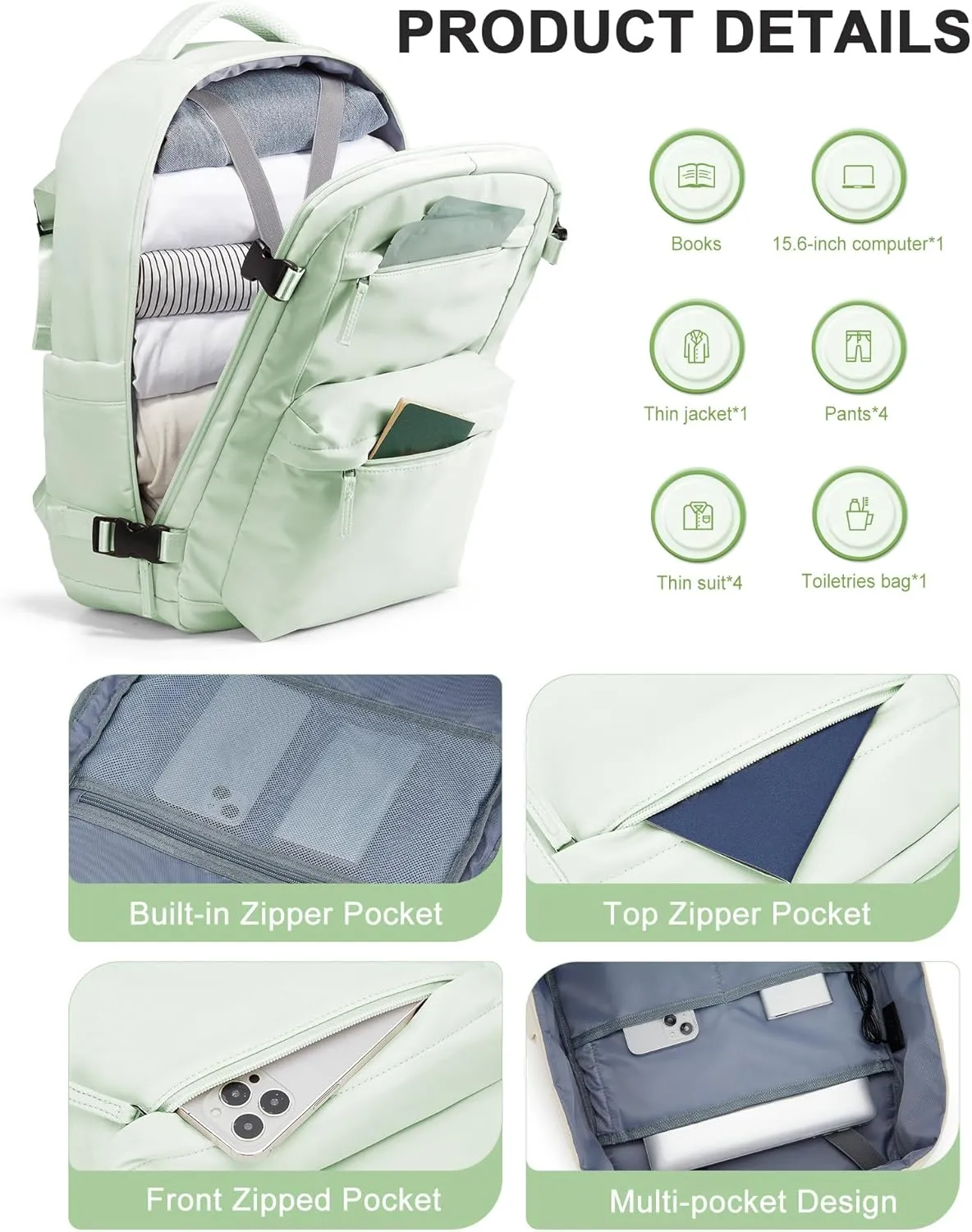Simple Travel Backpack For Women Men,Carry on Backpack for Traveling on Airplane,Mochila de Viaje,Frontier Airlines Personal Item Travel Bag,Waterproof Luggage Backpack with USB Charging Port(Green)