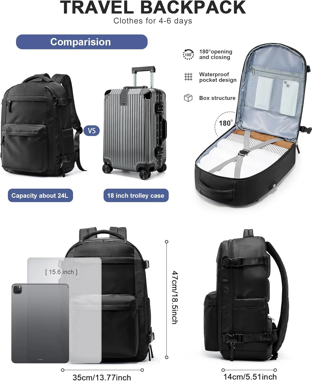 Simple Travel Backpack For Women Men,Laptop Travel Backpack Carry on Flight Approved,Frontier Airlines Personal Item Travel Bag,Waterproof luggage backpack,Mochila de Viaje(Black)